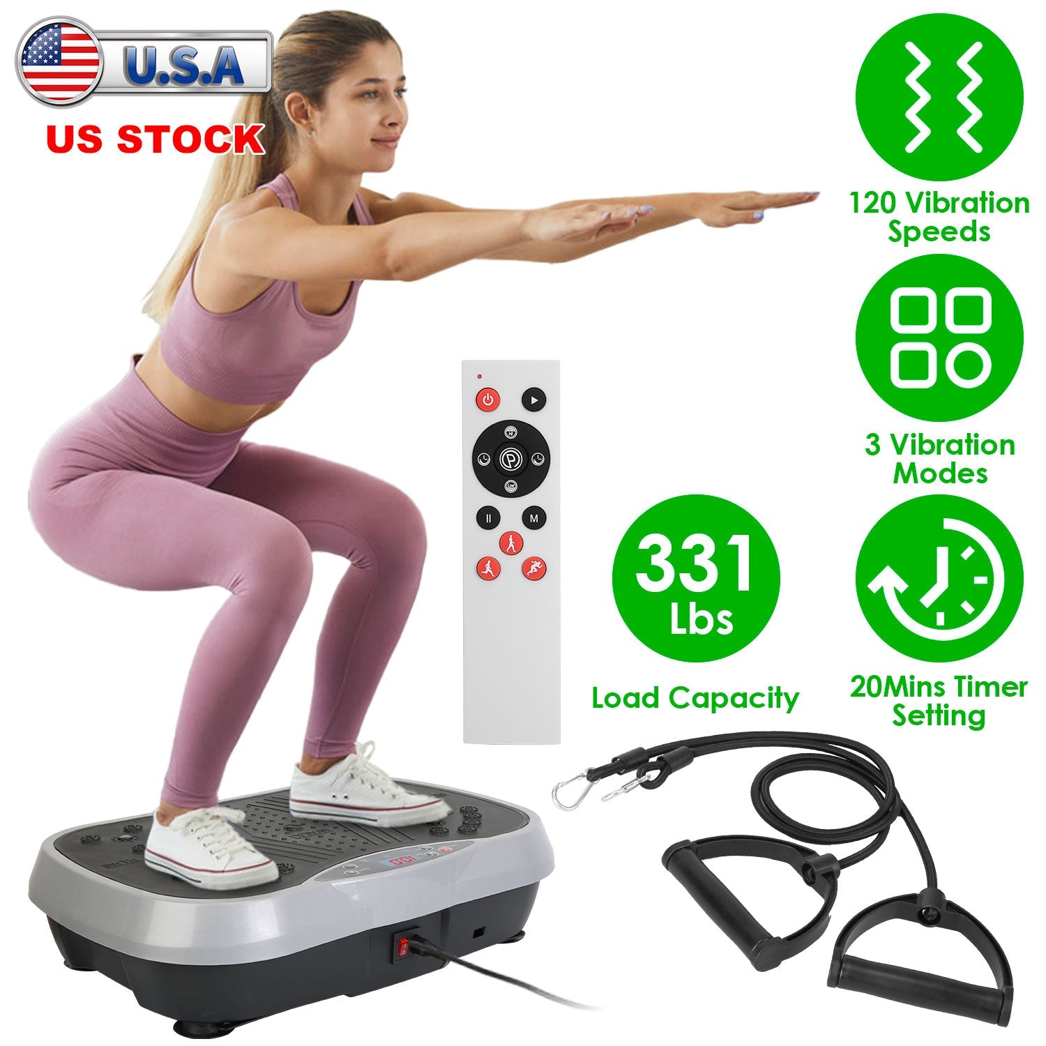 Vibration Exercise Machine with Resistance Bands & Remote