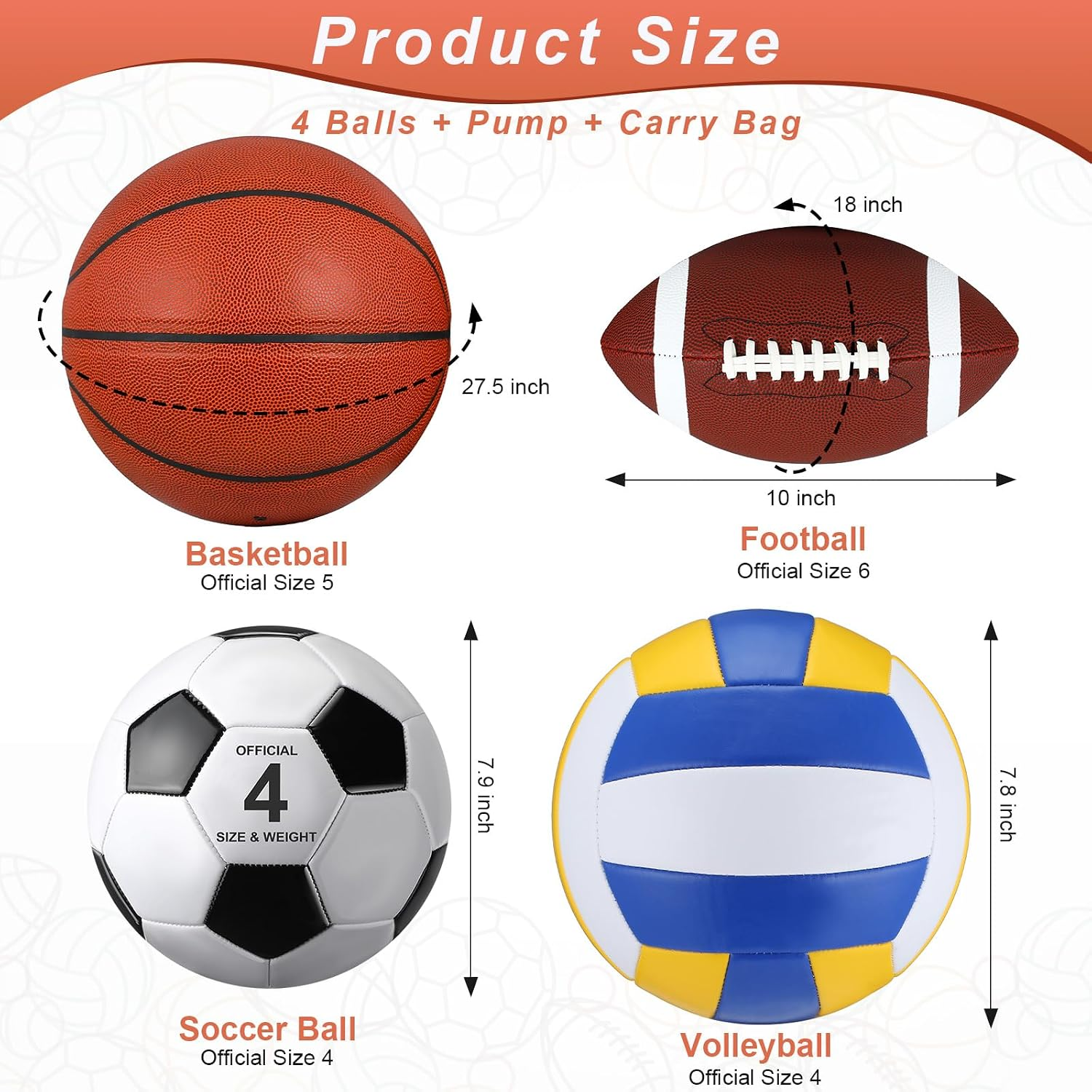 Educational Multi-Sport PE Ball Set – Soccer, Basketball, Football &amp; Volleyball with Pump and Carry Bag