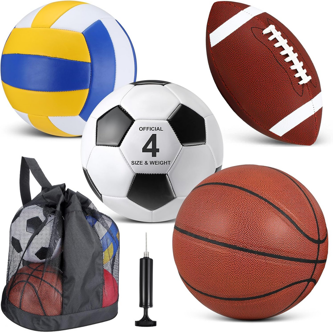 Educational Multi-Sport PE Ball Set – Soccer, Basketball, Football &amp; Volleyball with Pump and Carry Bag