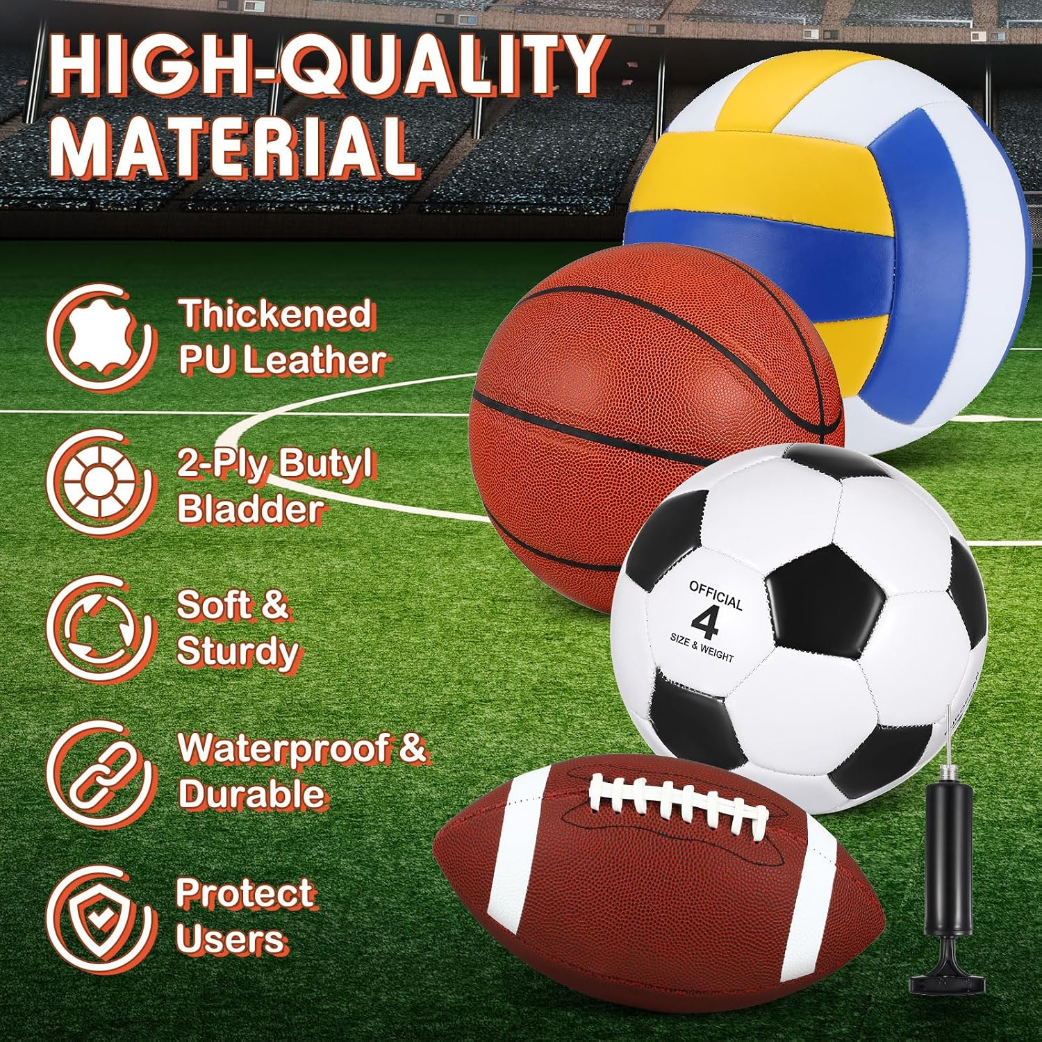 Educational Multi-Sport PE Ball Set – Soccer, Basketball, Football &amp; Volleyball with Pump and Carry Bag