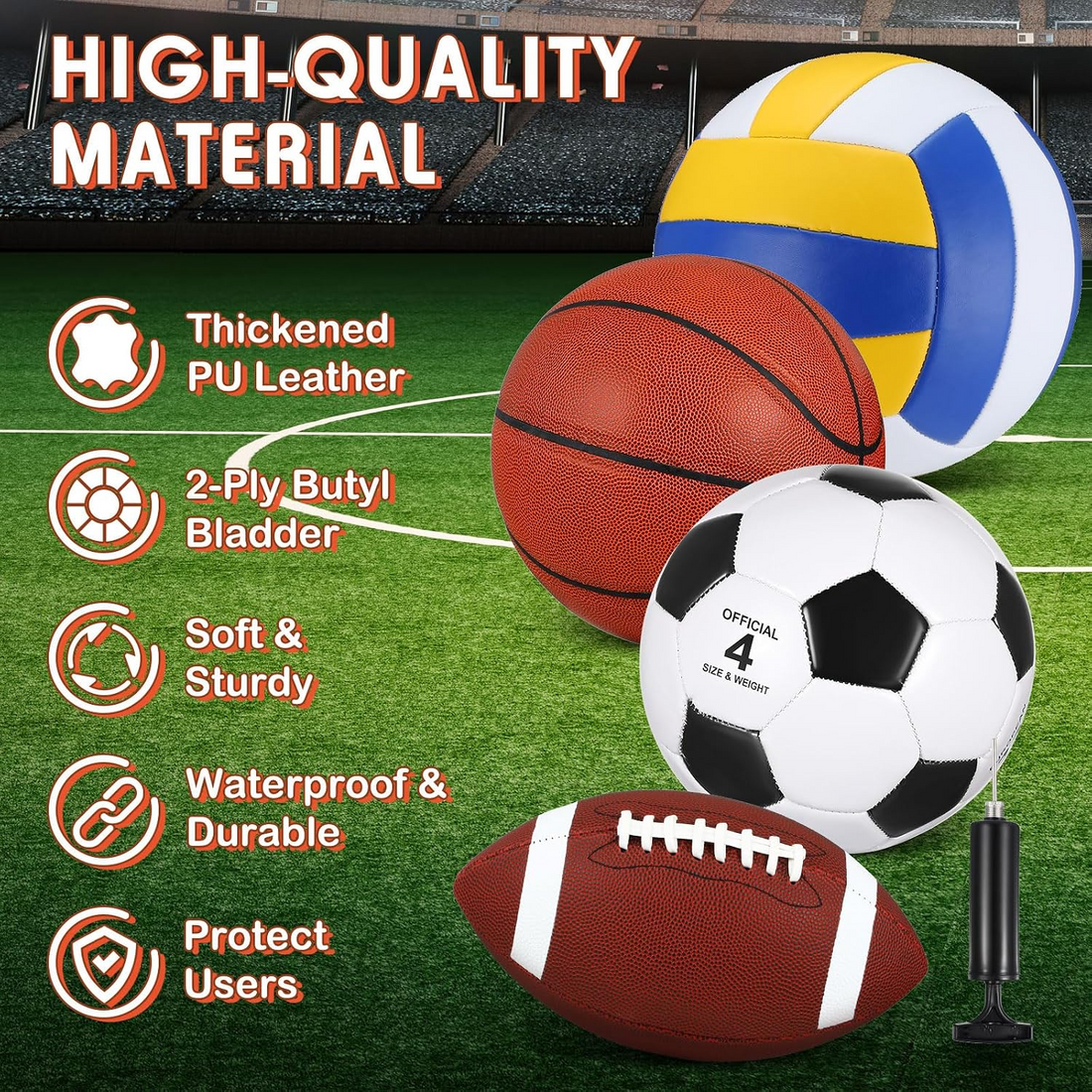 Educational Multi-Sport PE Ball Set – Soccer, Basketball, Football &amp; Volleyball with Pump and Carry Bag