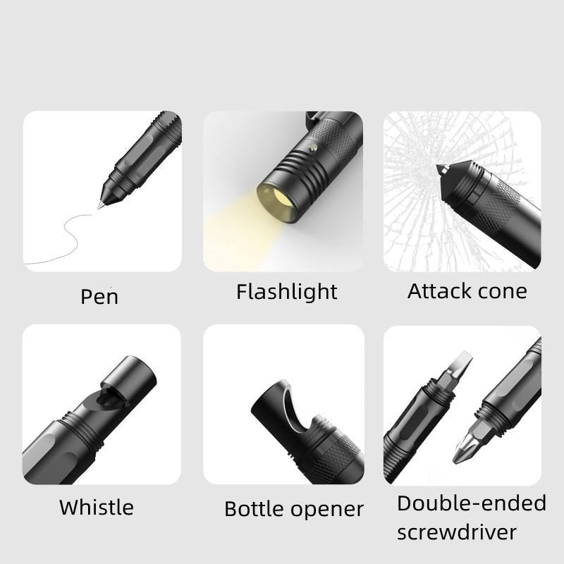 Multifunctional Aluminum Tactical Pen with LED Flashlight