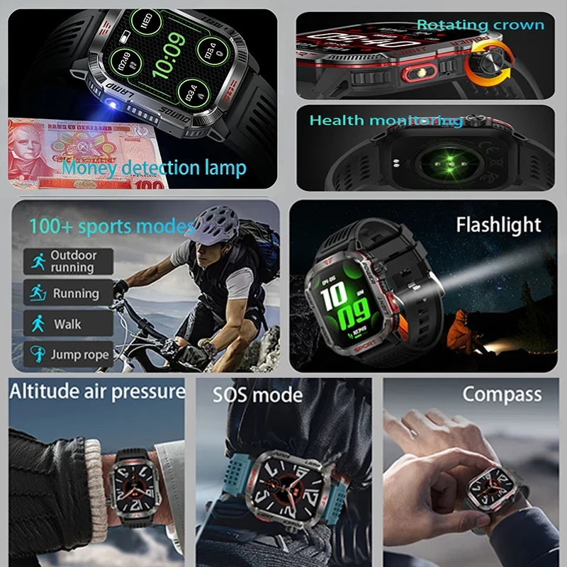 Military Smartwatch with LED Flashlight GPS Bluetooth Calling