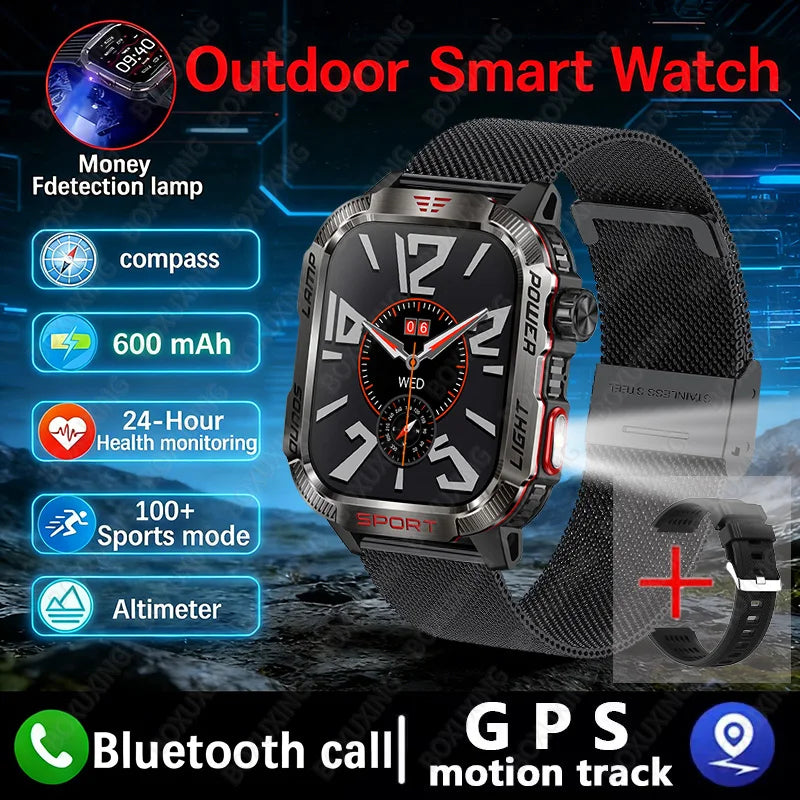 Military Smartwatch with LED Flashlight GPS Bluetooth Calling