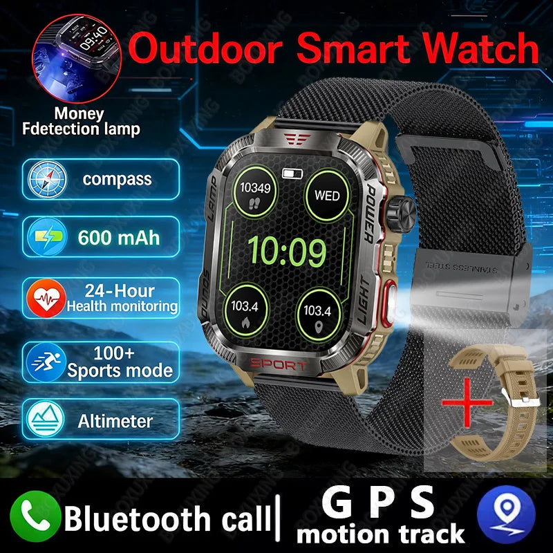 Military Smartwatch with LED Flashlight GPS Bluetooth Calling