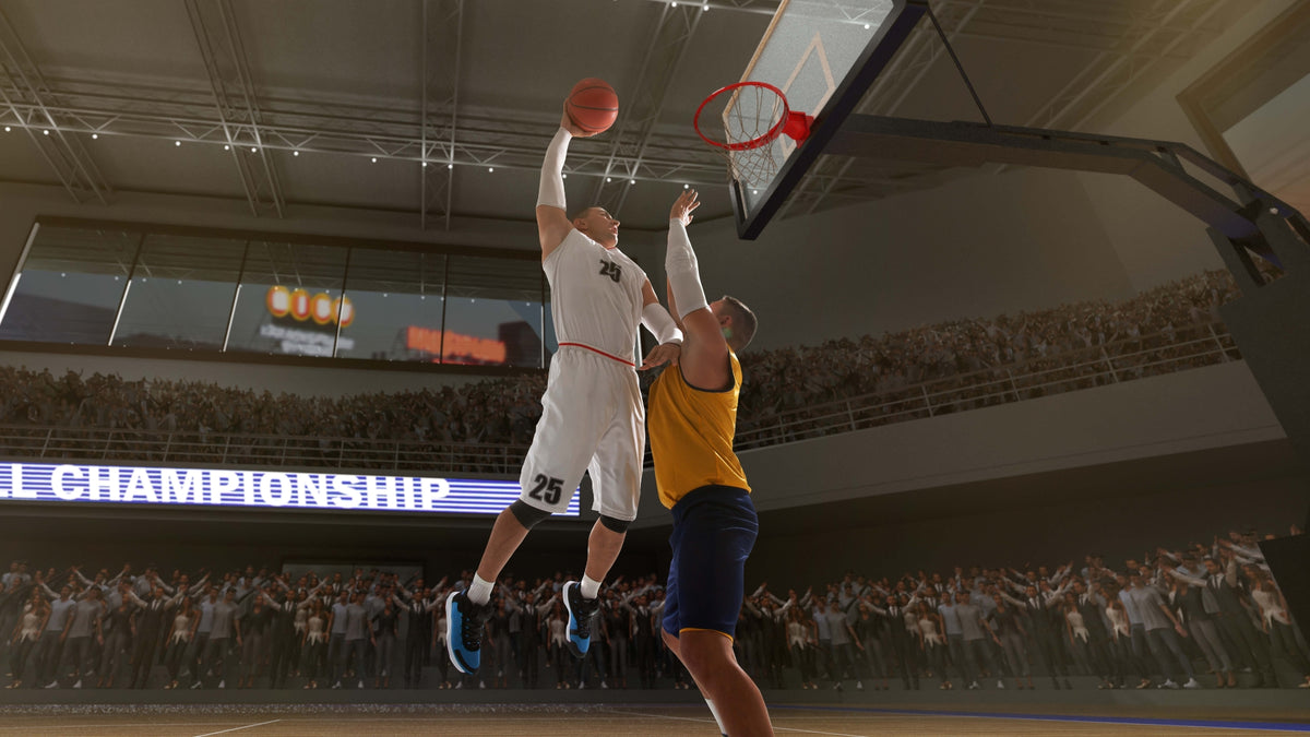 A basketball player in a white uniform with the number 25 jumps to shoot a basketball, defended by an opponent in a yellow jersey inside a crowded indoor arena with a visible crowd in the stands.