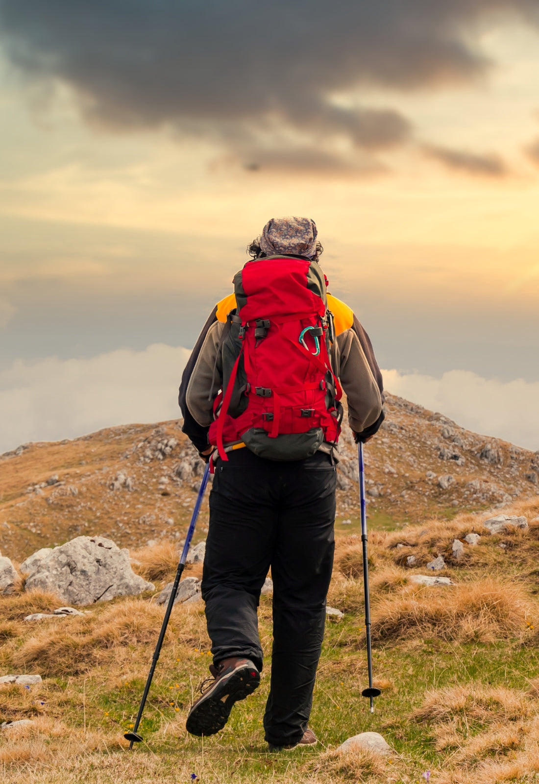 A hiker seen from behind on a grassy mountain ridge, wearing a red backpacking pack, gray jacket, black pants, and using hiking poles under a dramatic cloudy sky.