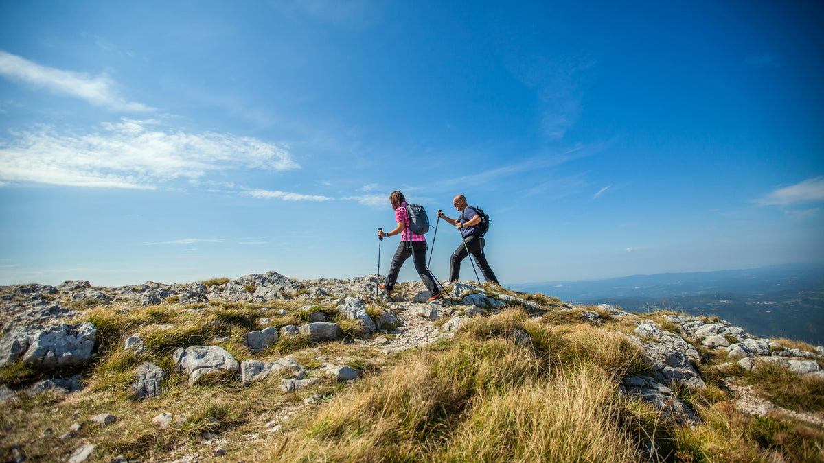 Two hikers with backpacks and trekking poles walk along a rocky grassy ridge under a bright blue sky with light clouds.